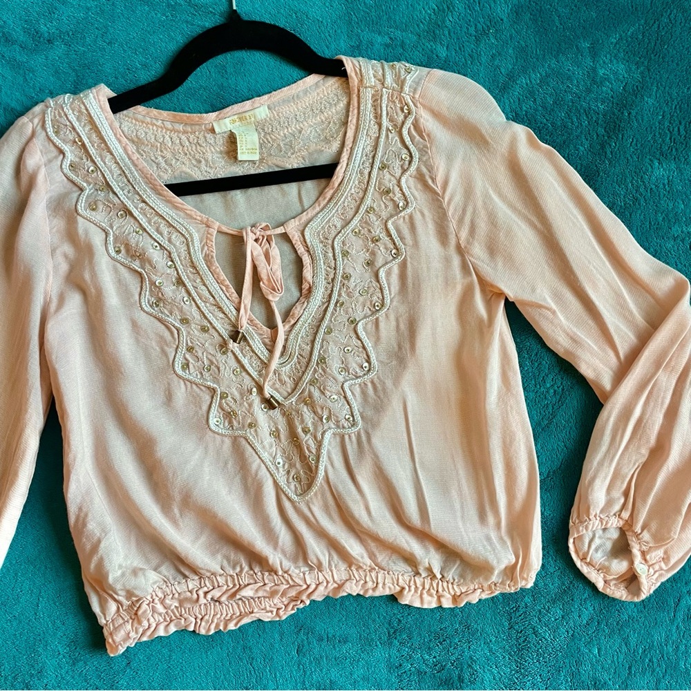 pink sequin embroidery puffy sleeve peasant top pastel cottagecore cute